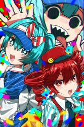  2girls @_@ apron aqua_eyes aqua_hair black_eyes black_necktie blue_dress bow bright_pupils collared_shirt commentary_request diagonal-striped_bow dress drill_hair ga-chan24 gloves hair_between_eyes hat hatsune_miku highres kasane_teto long_hair mesmerizer_(vocaloid) multiple_girls necktie open_mouth puffy_short_sleeves puffy_sleeves red_eyes red_hair red_hat sharp_teeth shirt short_sleeves smile sparkling_eyes striped_clothes striped_dress striped_shirt suspenders sweat teeth tongue tongue_out twin_drills twintails utau v-shaped_eyebrows vertical-striped_clothes vertical-striped_dress vertical-striped_shirt visor_cap vocaloid waist_apron waitress white_apron white_pupils white_shirt yellow_gloves 