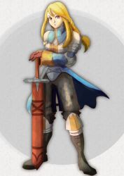  1girl agrias_oaks armor black_pants blonde_hair braid breastplate brown_eyes brown_gloves elbow_gloves final_fantasy final_fantasy_tactics full_body gloves highres holding holding_weapon knee_pads looking_at_viewer nose pants satori_ill solo sword weapon 