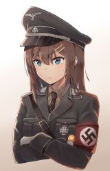  1girl armband blue_eyes brown_hair commentary cross crossed_arms hair_ornament hairpin hat highres iron_cross long_hair military military_hat military_uniform multiple_hairpins nazi necktie original peaked_cap reichsadler simple_background solo swastika totenkopf unicron_(brous) uniform upper_body world_war_ii  rating:Sensitive score:39 user:danbooru