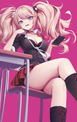  1girl bear_hair_ornament blue_eyes breasts cellphone chair cleavage commentary crossed_legs danganronpa:_trigger_happy_havoc danganronpa_(series) deadnooodles desk elbow_rest enoshima_junko feet_out_of_frame gyaru hair_ornament head_rest highres holding holding_phone large_breasts legs long_hair looking_at_viewer miniskirt monokuma necktie phone pink_background pink_hair plaid plaid_skirt red_nails red_skirt revision school_chair school_desk simple_background sitting skirt smartphone solo symbol-only_commentary thighs twintails white_necktie  rating:Sensitive score:56 user:danbooru