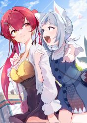  2girls animal_ears blue_eyes blue_hair blunt_bangs blush breasts cat_ears cleavage closed_mouth cloud day earrings fins fish_tail gawr_gura gawr_gura_(casual) grey_hair hair_between_eyes hair_ribbon heart heart_earrings heterochromia highres hololive hololive_english houshou_marine imazakey jewelry large_breasts long_hair long_sleeves looking_at_viewer multicolored_hair multiple_girls official_alternate_costume open_mouth outdoors red_eyes red_hair ribbon shark_girl shark_tail sharp_teeth shinkiro_(hololive) side_ponytail smile streaked_hair tail teeth twintails virtual_youtuber yellow_eyes 