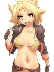  &gt;:d 00s 1girl :d belt beyblade bikini bikini_top_only black_gloves blonde_hair breasts breasts_apart cleavage clenched_hand collarbone covered_erect_nipples cropped_jacket curvy fangs fingerless_gloves fumio_(rsqkr) gloves high_collar jacket kurenai_ren large_breasts looking_at_viewer lowleg medium_breasts metal_fight_beyblade micro_bikini navel open_clothes open_jacket open_mouth orange_eyes short_hair shorts sideboob simple_background sketch skindentation sleeves_rolled_up smile solo spiked_hair standing string_bikini swimsuit swimsuit_under_clothes third-party_edit underboob upper_body v-shaped_eyebrows wide_hips yellow_bikini  rating:Questionable score:42 user:AAAAAA
