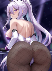  1girl artist_request ass ass_focus ass_press azur_lane bare_shoulders blush breasts detached_sleeves elbow_gloves fishnet_pantyhose fishnets from_behind gloves highres huge_ass kearsarge_(all_night_charge)_(azur_lane) kearsarge_(azur_lane) large_breasts leaning leaning_forward leotard long_hair looking_at_viewer pantyhose playboy_bunny ponytail purple_eyes rabbit_ears rabbit_tail sideboob solo tail very_long_hair white_hair 