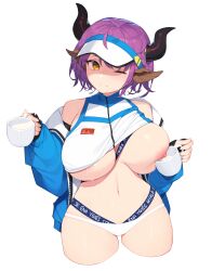  1girl absurdres animal_ears arknights bikini blue_jacket breast_slip breasts cow_ears cow_girl cow_horns cup highres holding holding_cup horns jacket lactation large_breasts milk nipples one_eye_closed pepper0 purple_hair sideroca_(arknights) sideroca_(light_breeze)_(arknights) solo swimsuit white_bikini wink yellow_eyes  rating:Explicit score:116 user:arkhives_