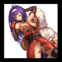  1boy 1girl ahoge armpits arms_up bad_id bad_pixiv_id bare_shoulders belt blush breasts breasts_out detached_sleeves female_pubic_hair fingering fire_emblem fire_emblem:_path_of_radiance fire_emblem_heroes gloves green_eyes hairband headband hetero hood kiran_(fire_emblem) licking licking_armpit long_hair looking_at_viewer medium_breasts mia_(fire_emblem) nintendo nipples one_eye_closed pubic_hair purple_hair pussy pussy_juice takemori_shintarou thighhighs uncensored 