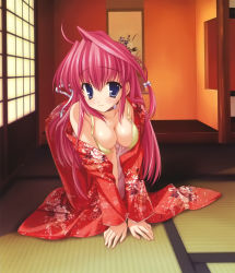  00s 1girl all_fours blue_eyes bra breasts cleavage collar fukamine_riko gift_(game) hanging_scroll highres japanese_clothes kimono large_breasts lingerie long_hair mitha open_bra pink_hair scroll solo tatami underwear yellow_bra  rating:Sensitive score:21 user:danbooru
