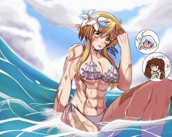 ! 3girls abs annoyed beach bikini blonde_hair breasts brown_hair chibi cloud cloudy_sky flower flower_on_head frills furina_(genshin_impact) ghost grin heterochromia hu_tao_(genshin_impact) large_breasts lumine_(genshin_impact) multiple_girls muscular scar scar_on_face sky smile super_soaker swimsuit tongue tongue_out twintails water wet white_hair yellow_eyes yukiart_83