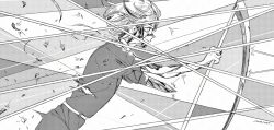 1other amputee androgynous battle closed_mouth commentary floating_hair from_side gem_uniform_(houseki_no_kuni) ghost_quartz_(houseki_no_kuni) greyscale highres holding holding_scythe holding_weapon houseki_no_kuni lililin looking_ahead monochrome other_focus outstretched_arms profile puffy_short_sleeves puffy_sleeves scythe severed_hair shards short_hair short_hair_with_long_locks short_sleeves signature simple_background smile solo sparkle torn_clothes upper_body weapon 
