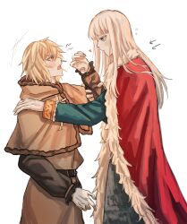 2boys absurdres adam&#039;s_apple androgynous arrow_(symbol) belt blonde_hair blue_eyes blunt_bangs blush brown_eyes buckle canute cloak eyebrows eyelashes frills fur_trim grabbing_another&#039;s_arm hand_on_another&#039;s_arm hand_on_another&#039;s_shoulder harumakijiro heart height_difference highres long_hair looking_at_another male_focus multiple_boys open_mouth prince profile red_cloak simple_background teeth thorfinn upper_teeth_only viking vinland_saga white_background yaoi