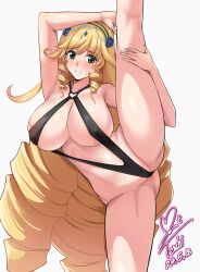  1girl absurdres artist_name black_slingshot_swimsuit blonde_hair breasts cameltoe cleft_of_venus commission dated drill_hair green_eyes highres large_breasts long_hair madan_no_ou_to_vanadis pixiv_commission ringlets signature simple_background slingshot_swimsuit sofya_obertas solo split standing standing_on_one_leg standing_split swimsuit very_long_hair white_background yoo_tenchi 