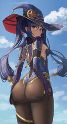 1girl absurdres aqua_eyes ass ass_grab ass_support black_gloves black_hair black_pantyhose blue_sky breasts cloud cowboy_shot day earrings facing_away genshin_impact gloves gold_trim hair_ornament hat hat_ornament highres jewelry leotard long_hair looking_at_viewer looking_back medium_breasts mona_(genshin_impact) onedoo pantyhose purple_hat sky solo twintails vision_(genshin_impact) witch_hat rating:Sensitive score:183 user:danbooru