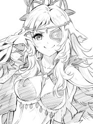  1girl breasts cleavage closed_mouth eyepatch feather_trim fire_emblem fire_emblem_fates fire_emblem_heroes long_hair looking_at_viewer medium_breasts monochrome nintendo official_alternate_costume ophelia_(fire_emblem) ophelia_(starlit_maiden)_(fire_emblem) simple_background smile smug solo ten_(tenchan_man) upper_body very_long_hair white_background 