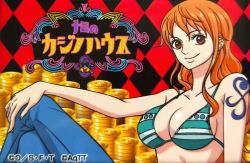  1girl bare_arms bare_shoulders bikini bikini_top_only breasts brown_eyes cleavage coin denim female_focus gold happy jeans large_breasts long_hair nami_(one_piece) official_art one_piece orange_hair pants smile swimsuit tattoo  rating:Sensitive score:13 user:TeeJay