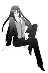  1girl arm_support asougi_rin breasts glasses highres large_breasts legs long_hair looking_at_viewer mature_female mnemosyne monochrome necktie office_lady pants serious sitting solo thighs very_long_hair 