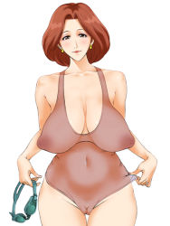  blush breasts brown_eyes brown_hair cameltoe curvy earrings fat_mons goggles inverted_nipples jewelry large_breasts looking_at_viewer mature_female muramuracity_monmontown navel nipples one-piece_swimsuit original pussy sagging_breasts short_hair simple_background swimsuit thick_thighs thighs translucent uncensored wide_hips  rating:Explicit score:73 user:jimbow