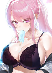  1girl absurdres black_bra blue_archive bow bow_bra bra breasts cleavage collarbone commentary_request eimi_(blue_archive) food food_on_body food_on_breasts hair_between_eyes halo highres ice_cream jacket kazane-wind large_breasts light_blush lingerie long_hair long_sleeves looking_at_viewer mouth_hold open_clothes open_jacket pink_eyes pink_hair pink_halo ponytail popsicle purple_bow purple_bra simple_background skindentation solo swept_bangs underwear upper_body white_background white_jacket 
