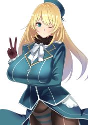 1girl aqua_eyes atago_(kancolle) black_pantyhose blonde_hair blue_eyes breast_hold breasts curvy female_focus hat highres huge_breasts kantai_collection long_hair looking_at_viewer military military_uniform okki_(studio_okki) one_eye_closed open_clothes open_skirt panties panties_under_pantyhose pantyhose simple_background skirt solo standing striped_clothes striped_panties underwear uniform v white_background wink rating:Questionable score:19 user:Xander