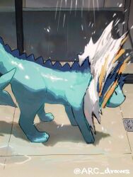  animal_focus arc_draws artist_name blue_skin closed_eyes colored_skin commentary creatures_(company) fins forked_tail game_freak gen_1_pokemon head_fins highres indoors nintendo no_humans pokemon pokemon_(creature) shaking shower_(place) showering tail twitter_username vaporeon 