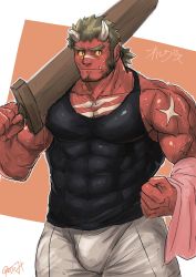  1boy bara bare_arms bare_shoulders black_tank_top broken_horn brown_hair bulge chest_hair colored_sclera covered_abs covered_navel cowboy_shot facial_hair fang highres horns large_pectorals long_sideburns looking_at_viewer male_focus medium_hair muscular muscular_male oni oni_horns orgus_(f-kare) orgus_(f-kare) over_shoulder oyatu55k pectorals red_oni_(housamo) shorts shoukan_yuusha_to_f-kei_kareshi sideburns solo stubble sword sword_over_shoulder tank_top thick_eyebrows thick_thighs thighs tokyo_houkago_summoners towel veins weapon weapon_over_shoulder white_shorts wooden_sword yellow_sclera  rating:Sensitive score:4 user:danbooru