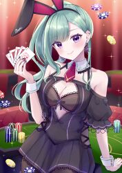  1girl absurdres animal_ears arm_support bare_shoulders black_dress black_nails bow bow_bra bra breasts brown_bra brown_pantyhose card casino casino_card_table center_opening character_name chest_belt cleavage cross-laced_clothes cross-laced_dress cross-laced_slit dress ear_piercing earrings fake_animal_ears green_hair hair_behind_ear halter_dress halterneck heart heart_earrings highres holding holding_card indoors jewelry lace lace-trimmed_bra lace-trimmed_dress lace_trim leotard long_hair looking_at_viewer medium_breasts mole mole_on_breast necktie nemui_85 pantyhose piercing playboy_bunny playing_card pleated_dress poker_chip purple_eyes rabbit_ears red_necktie short_dress short_necktie side_ponytail sitting smile solo sparkle swept_bangs table underwear virtual_youtuber vspo! wrist_cuffs yakumo_beni yakumo_beni_(2nd_costume) 