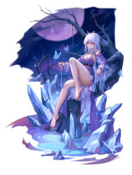  1girl absurdres bare_legs bare_shoulders bare_tree barefoot blue_hair bug butterfly commentary_request cup detached_sleeves dress highres holding holding_cup honkai:_star_rail honkai_(series) insect jingliu_(honkai:_star_rail) knee_up long_hair looking_at_viewer night night_sky outdoors pouring purple_dress red_eyes sitting sky sleeveless sleeveless_dress solo thighs tree very_long_hair yelan_xing_xuan 