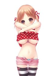  1girl bad_id bad_pixiv_id blush breasts brown_eyes brown_hair clothes_lift female_focus groin hair_ribbon head_tilt large_breasts looking_at_viewer midriff momoi_komomo navel no_bra original panties polka_dot ribbon shirt shirt_lift short_hair short_shorts short_twintails shorts simple_background smile solo striped_clothes striped_panties striped_thighhighs thighhighs twintails unbuttoned underboob underwear undressing white_background zettai_ryouiki  rating:Questionable score:71 user:BlueBaroness