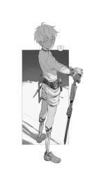  1boy ? ahoge arknights bishounen closed_mouth cz474 full_body greyscale hand_on_weapon holding holding_weapon looking_at_viewer male_focus mephisto_(arknights) monochrome prosthesis prosthetic_leg shoes short_hair shorts solo weapon 