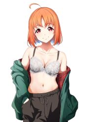 ahoge amagi_(volfuji) armpit_crease bare_shoulders black_pants bow bra breasts cleavage green_jacket grey_bra hand_in_pocket highres jacket looking_at_viewer love_live! love_live!_sunshine!! medium_breasts navel open_clothes open_jacket orange_hair pants parted_bangs partially_undressed plaid red_eyes short_hair smile sweatpants takami_chika underwear white_background 