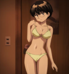  1girl bikini breasts brown_eyes brown_hair cleavage glasses highres large_breasts nazo_no_kanojo_x oka_ayuko screencap short_hair solo stitched swimsuit thighs third-party_edit  rating:Sensitive score:195 user:Newten