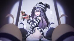  1girl @_@ absurdres animal_hat azur_lane bars bird black_hair burger chain chained cuffs drooling food french_fries full_body hat highres holding holding_tray hungry jeze long_hair manjuu_(azur_lane) no_panties off_shoulder official_alternate_costume pamiat_merkuria_(azur_lane) pamiat_merkuria_(caged_minx)_(azur_lane) pink_eyes prison prison_cell prison_clothes purple_eyes shackles shirt side_ponytail striped_clothes striped_shirt symbol-shaped_pupils tally thighhighs thighs torn_clothes tray white_thighhighs 