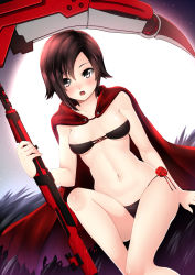  1girl areola_slip bikini fur go-it looking_at_viewer navel ruby_rose rwby scythe short_hair sitting solo swimsuit weapon  rating:Questionable score:28 user:csrss