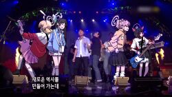  2be_(dmlgus148) 4girls after-school_sweets_club_(blue_archive) airi_(band)_(blue_archive) airi_(blue_archive) animal_ears bass_guitar black_hair black_skirt blonde_hair blue_archive blur_censor cat_ears censored concert electric_guitar guitar halo highres instrument kazusa_(band)_(blue_archive) kazusa_(blue_archive) korean_commentary korean_text loose_socks multicolored_hair multiple_girls music natsu_(band)_(blue_archive) natsu_(blue_archive) official_alternate_costume people photo-referenced photo_background pink_hair playing_bass playing_guitar playing_instrument pleated_skirt skirt skirt_hold socks stage stage_lights standing subtitled tv_show two-tone_hair when_you_see_it white_socks yoshimi_(band)_(blue_archive) yoshimi_(blue_archive) 