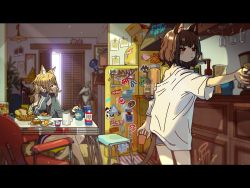 2girls animal_ears baggy_clothes barefoot black_shirt blonde_hair blouse blurry blurry_background bread_slice brown_hair cat_ears cat_tail chair closed_eyes commentary counter cup depth_of_field dog_ears drinking_glass food graffiti highres indoors jacket kirby_(cameo) kirby_(series) kitchen kmnz letterboxed light long_hair long_sleeves mc_lita mc_liz milk_carton morning mug multiple_girls nail_polish nintendo oversized_clothes purple_eyes refrigerator seimannu shirt short_sleeves shorts sitting sleepy spoon standing sticker sunlight table tail toast toaster track_jacket unworn_jacket virtual_youtuber waking_up window wine_glass rating:General score:8 user:danbooru