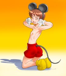  1boy androgynous animal_ears back bare_back brown_hair cosplay disney closed_eyes fake_animal_ears gloves kneeling male_focus maruchiro mickey_mouse mickey_mouse_(cosplay) nipples shadow shorts smile solo tail tears topless_male 