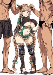 10s 1girl 2boys absurdly_long_hair asanagi blush braid breasts carmelina_(granblue_fantasy) cleavage cleavage_cutout clothing_cutout contrapposto covered_erect_nipples curvy draph dress eyebrows fang granblue_fantasy green_dress green_eyes hair_ornament hand_on_another&#039;s_head hand_on_another&#039;s_leg height_difference high_heels highres horn_grab horns huge_breasts imminent_rape legs_apart light_brown_hair long_hair long_sleeves looking_up midriff multiple_boys navel navel_cutout open_mouth pigeon-toed pointy_ears shadow short_dress shortstack simple_background size_difference smile solo_focus standing tareme thick_thighs thighhighs thighs twin_braids underboob underboob_cutout very_long_hair white_background wide_hips zettai_ryouiki rating:Questionable score:424 user:danbooru