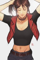 breasts brown_hair claire_redfield cleavage closed_eyes crop_top ericson_blum jacket large_breasts long_hair ponytail resident_evil resident_evil_2 short_sleeves rating:General score:4 user:zombiespacial