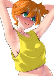  1girl @_@ armpits arms_behind_head arms_up asymmetrical_hair blush breasts creatures_(company) female_focus game_freak gen_1_pokemon green_eyes hair_tie highres medium_breasts misty_(pokemon) mr_bowater navel nintendo pokemon pokemon_(anime) pokemon_(classic_anime) ponytail shirt short_hair shorts side_ponytail smile solo stomach suspender_shorts suspenders sweat sweatdrop tank_top yellow_shirt 