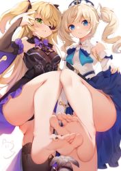 2girls absurdres barbara_(genshin_impact) bare_shoulders black_thighhighs blonde_hair blue_eyes blush bodystocking bow breasts clothes_lift detached_sleeves dress dress_lift drill_hair eyepatch feet fischl_(genshin_impact) foot_focus foot_up foreshortening garter_straps genshin_impact gloves green_eyes hair_ornament hair_over_one_eye hair_ribbon hat highres long_hair long_sleeves looking_at_viewer multiple_girls mushroom nahaki nail_polish ribbon small_breasts smile soles thighhighs toenail_polish toenails toes twin_drills twintails two_side_up white_background white_dress white_headwear rating:Sensitive score:247 user:danbooru