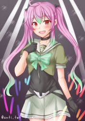  1girl ahoge anchor anti_(untea9) black_gloves blush bow bowtie breasts fang gloves glowstick gradient_hair green_bow green_bowtie green_hair grey_sailor_collar grey_skirt highres idol kantai_collection long_hair momo_(kancolle) multicolored_hair open_mouth pink_hair pleated_skirt red_eyes sailor_collar sailor_shirt school_uniform serafuku shirt short_sleeves skin_fang skirt small_breasts smile solo sparkle_print stage stage_lights thighhighs twintails twitter_username 