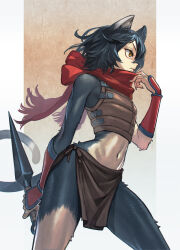  1girl absurdres arm_guards armor black_fur black_hair body_fur brown_eyes cat_girl dungeon_meshi highres izutsumi kunai leather_armor loincloth looking_to_the_side monmon_(monmon474) navel red_scarf scarf short_hair simple_background solo stomach two-tone_fur weapon  rating:Sensitive score:6 user:danbooru