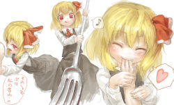 1girl :q biting blonde_hair blush child closed_eyes colorized embodiment_of_scarlet_devil fang female_focus finger_in_another&#039;s_mouth fork hair_ribbon hand_in_mouth happy heart highres holding holding_fork lace long_sleeves madaragi musical_note necktie open_mouth red_eyes ribbon rumia sexually_suggestive shirt short_hair simple_background sketch skirt skirt_set smile tongue tongue_out touhou translated white_background white_shirt rating:Sensitive score:9 user:danbooru