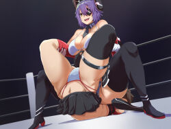  2girls ass_press bikini boots boston_crab boxing_ring breast_press breasts detached_sleeves evil_smile eyepatch femdom fighting girl_on_top highres jewelry kantai_collection large_breasts leg_grab moroheiya_(moroheiya-works) multiple_girls navel necktie on_floor open_mouth panties purple_hair ring sendai_(kancolle) short_hair sitting sitting_on_person skirt smile spread_legs submission swimsuit tenryuu_(kancolle) thighhighs underwear wrestling wrestling_ring yellow_eyes 