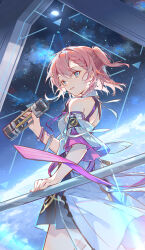  1girl armpit_crease asta_(honkai:_star_rail) back bare_shoulders black_skirt blue_eyes bracelet braid breasts coat commentary criss-cross_back-straps from_behind from_side glass hair_between_eyes hair_ornament hand_on_railing highres holding holding_telescope honkai:_star_rail honkai_(series) id_card indoors jewelry kinoshita_neko lanyard legs parted_lips pink_hair planet railing shirt short_ponytail skirt small_breasts smile solo space_station standing telescope thighs white_coat white_shirt white_sleeves 