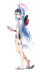 1girl absurdres alternate_costume anklet antenna_hair bare_legs bikini bikini_top_only blue_archive blue_hair breasts denim denim_shorts doughnut flip-flops food fubuki_(blue_archive) grey_hair hair_ornament halo hat heart heart_hair_ornament highres holding holding_walkie-talkie jacket jewelry long_hair long_sleeves looking_at_viewer midriff mnnnya multicolored_hair open_clothes open_shorts pastry_box red_eyes sandals see-through short_shorts shorts sleep_mask small_breasts solo streaked_hair swimsuit walkie-talkie whistle whistle_around_neck white_background rating:Sensitive score:13 user:danbooru