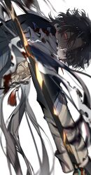  1boy bandaged_arm bandages black_coat black_hair blade_(honkai:_star_rail) blood blood_on_clothes bloody_bandages coat hair_over_one_eye highres holding holding_sword holding_weapon honkai:_star_rail honkai_(series) landscape long_hair looking_at_viewer parted_bangs red_eyes sword upper_body violetpuppy1 weapon white_background 