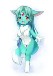  1girl animal_ears animal_hands aqua_hair barefoot blush breasts carbuncle feet furry furry_female kagerofu long_hair nipples nude pussy red_eyes solo toes  rating:Explicit score:84 user:Mast3r_Ch33f