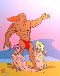  1boy 2girls beach beard blonde_hair blue_eyes breasts broken_handcuffs chain collar completely_nude dahr dollar_sign facial_hair hammer_and_sickle large_breasts long_hair multiple_girls muscular muscular_male mustache nude original outstretched_arm purple_hair red_eyes red_hair sketch smile tattoo vladimir_lenin 