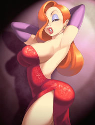  1girl armpits arms_up ass bad_id bad_pixiv_id breasts curvy dress earrings elbow_gloves eyeshadow gloves hair_over_one_eye half-closed_eyes huge_ass jessica_rabbit jewelry large_breasts lips lipstick long_hair makeup maou_alba no_legwear orange_hair puckered_lips red_dress red_lips sequins side_slit sideboob solo strapless strapless_dress thick_lips who_framed_roger_rabbit  rating:Sensitive score:262 user:danbooru
