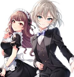  2girls absurdres anastasia_(idolmaster) apron black_dress black_jacket black_pants blue_bow blue_bowtie blue_eyes bow bowtie brown_vest character_request collared_shirt dress formal frilled_apron frills grey_hair highres idolmaster idolmaster_cinderella_girls jacket long_sleeves looking_at_viewer maid maid_apron maid_headdress multiple_girls pants popon_ta purple_hair red_eyes shirt short_hair simple_background smile suit vest waist_apron white_apron white_background white_shirt wrist_cuffs 