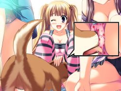  3girls akaza bestiality breasts brown_hair cleavage cunnilingus dog hand_on_another&#039;s_head headpat henshin_3 licking loli long_hair medium_breasts multiple_girls open_mouth oral panties purple_eyes saliva smile underwear wince  rating:Explicit score:221 user:theakizo